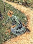 Camille Pissarro Peasant woman sitting on the side of the road painting